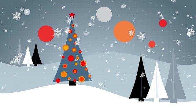 blue vector christmas tree with geometric ornaments and falling snow in stylized xmas winter forest, festive mid century background