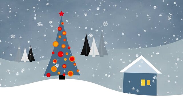 flat vector christmas tree and simple house with falling snow in minimalist winter xmas landscape seamless loop animation