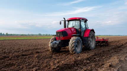 Obraz premium A red tractor working the fertile fields under a bright blue sky, showcasing agricultural productivity.