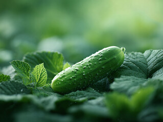Fresh, vibrant image of a green cucumber nestled amongst leafy foliage. Evokes themes of healthy eating, nature, and organic farming. Ideal for food blogs or wellness articles.