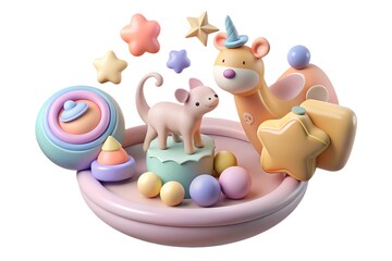 Fototapeta premium Pastel baby animals and toys on white background milestone
