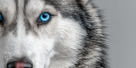 Obraz premium Majestic Siberian Husky With Striking Blue Eyes Posing Elegantly Against a Soft Gray Background