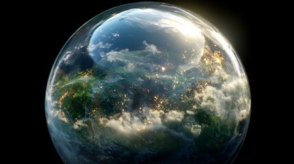 A mesmerizing view of a vibrant planet encased in a protective dome, showcasing lush landscapes, sparkling cities, and swirling cloud formations