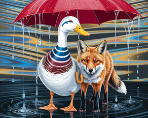 Illustration of duck and fox sharing an umbrella in the rain, a heartwarming friendship