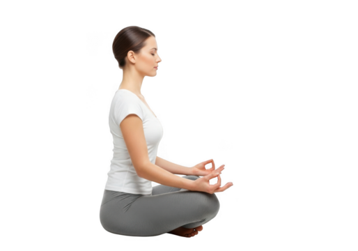 Woman meditating in lotus position isolated on transparent background