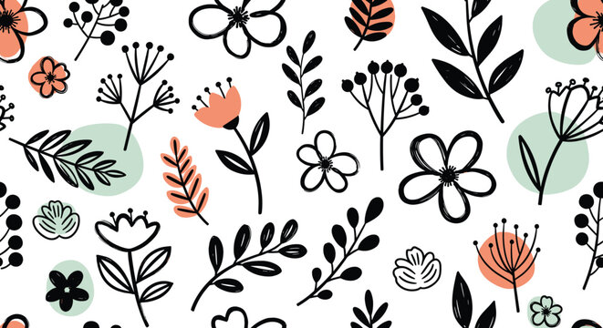 Seamless pattern of hand drawn flowers and leaves isolated on white background black and white floral elements with a touch of color for a modern and fresh look
