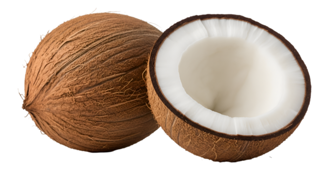 Whole Coconut and Halved Coconut on Black Background Keywords: coconut, whole coconut, halved