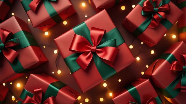 op-down view of multiple Christmas gift boxes wrapped in red and green bows, elegant 
