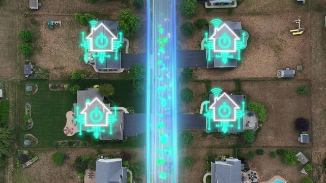 Suburban neighborhood enhanced with glowing smart-home power icons and a bright digital data corridor, illustrating intelligent energy networks and connected residential systems. Overhead drone shot.