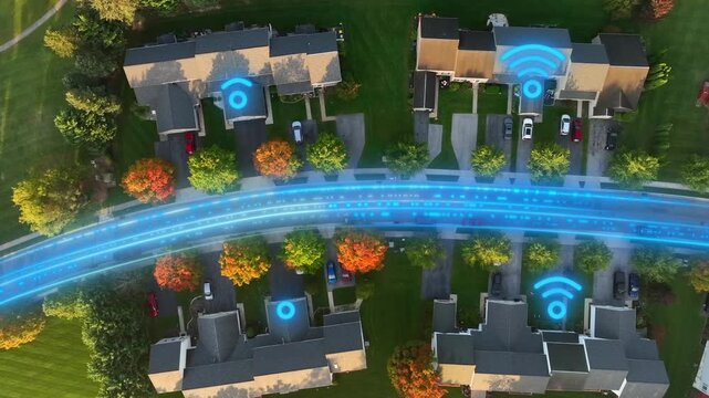 Top-down drone shot of a suburban neighborhood enhanced with glowing Wi-Fi symbols and a digital data stream along the roadway, modern home connectivity and broadband networks.