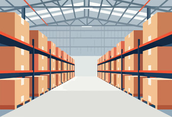 Fototapeta premium A vector illustration depicts a warehouse interior filled with rows of boxes on shelving. The perspective creates a sense of depth