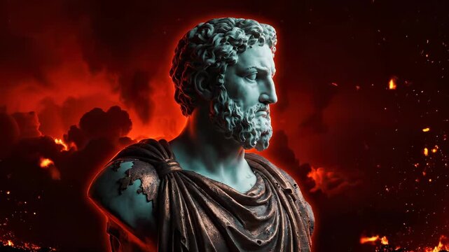 Roman statue stands with fire and smoke behind emperor sculpture. Ancient statue of emperor with flames. Marcus Aurelius bust near fire. Roman emperor statue with burning smoke and red flames.