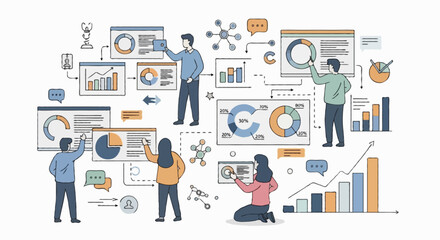 Faceless, outline-free doodle illustration of characters working with data boards, pie charts, growth graphs, automation symbols, communication icons, and fluid workflow arrows