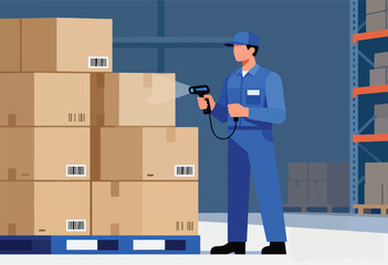 A worker in blue uniform scans boxes with a barcode scanner in a warehouse setting, next to shelves
