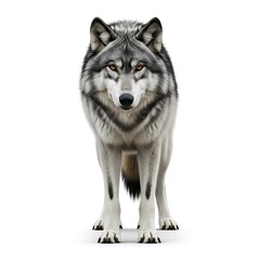 A gray wolf stands facing forward, looking directly at the viewer against a white background.