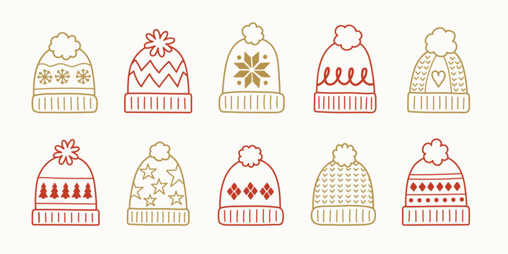 Collection of colourful hand drawn winter hats. Christmas elements. Vector illustration