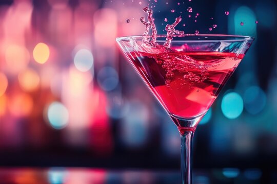 A vibrant cocktail glass filled with a deep red liquid, set against a backdrop of blurred bokeh lights, evoking a sense of celebration or nightlife.