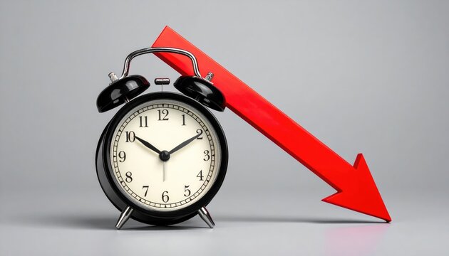 Time running out concept with alarm clock and red arrow symbolizing a decline