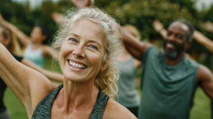 Joyful Senior Fitness. Close-Up Portrait of a Smiling, Energetic Mature Woman Exercising Outdoors with a Diverse Group, Celebrating Health, Vitality, and Community Wellness