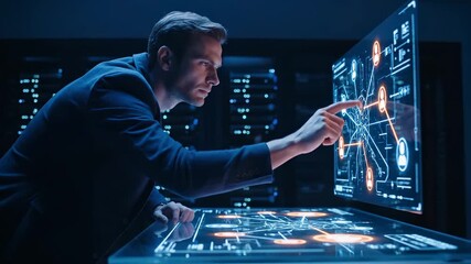 Man analyzes holographic data on futuristic interface with network connections. Businessman touches digital screen showing data profiles. Man works with holographic display analyzing network data. - Powered by Adobe