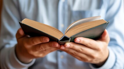 Person holding an open book with tan pages and a dark cover in their hands