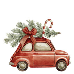 Watercolor vintage red car carrying Christmas tree and candy cane with festive bow illustration