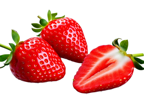 Ai generated image of three fresh red strawberries, one cut in half, isolated on transparent.png
