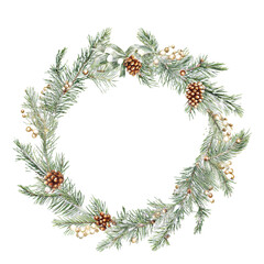 Watercolor Christmas Wreath with Pine Branches Cones and Golden Berries Decoration