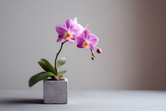 Delicate pink orchid in a concrete pot against a muted background, showcasing simplicity and natural beauty. - Powered by Adobe
