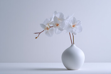Elegant white orchid in a vase, showcasing delicate petals and a minimalist aesthetic on a clean background.
