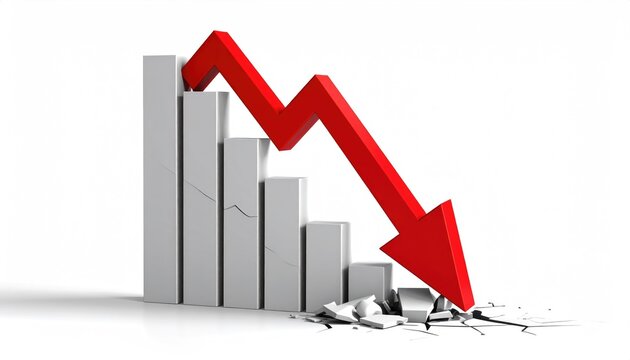 A visual representation of financial decline, with a red arrow pointing downwards, and a broken bar graph
