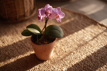 A delicate pink orchid in a terracotta pot sits on a woven mat, bathed in warm sunlight.