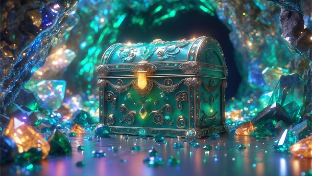 A magical treasure chest filled with crystals near cristal cave decorated with dimonds.