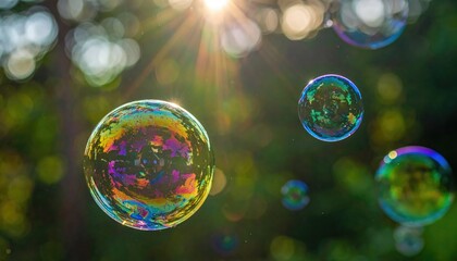Obraz premium Bubbles floating in the air, with sunlight and bokeh. Reflecting the light with the iridescent colors.