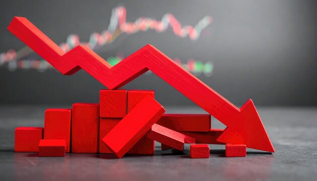 A downward red arrow and graph symbolizes market decline and economic downturn. The arrow indicates decreasing values.