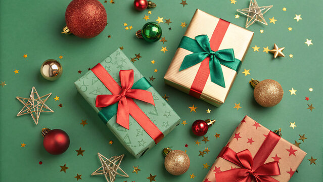 Christmas presents concept. gift boxes with ribbon bows red green gold baubles and star ornaments on isolated green background