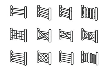 Collection of various simple outline icons depicting different types of farm fences and wooden gates