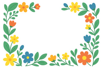 Obraz premium Colorful floral frame border with stylized spring flowers and green leaves