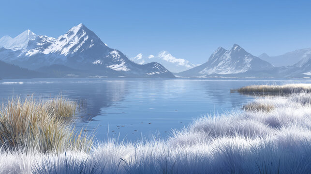 AI-generated image - A serene mountain lake landscape with icy grasses, calm blue water, and snow-covered peaks under a clear sky.