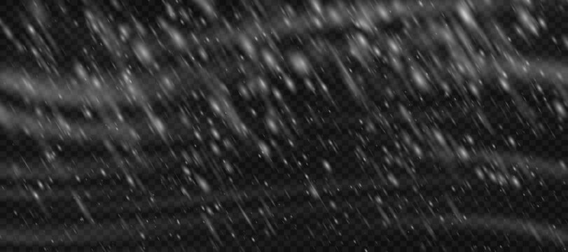 Snowstorm blizzard snow with white transparent falling png snowflake overlay effect. Christmas  texture for ice storm or night wind. Isolated frost particle realistic pattern on black background