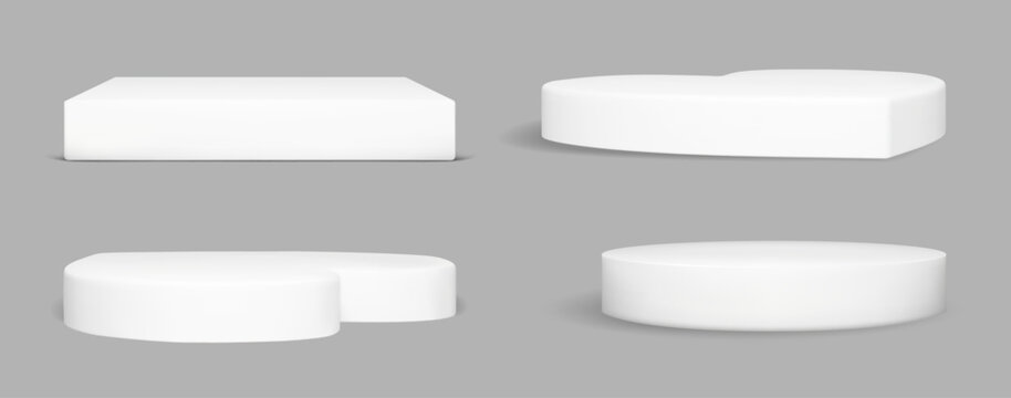 3d white pedestal set with heart, cube and round cylinder for product stand display. Circle platform, square box and love shape in realistic minimal rendering style. Studio mockup vector isolated