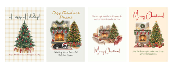 Printable Watercolor Christmas Cards Collection. Greetings Postcards. Beautiful Watercolor illustrations. A6 Size Format. Happy Holidays. Christmas Tree - Cozy Fireplace - Presents