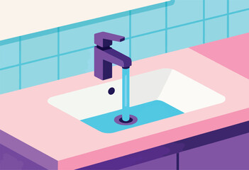 A stylized illustration presents a bathroom sink with water flowing. Cool tones are used, evoking a serene atmosphere