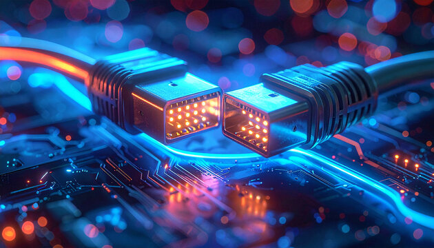 Digital Connection: Illuminated by vibrant blue and orange hues, this image showcases the intricate connections and pathways of digital information.