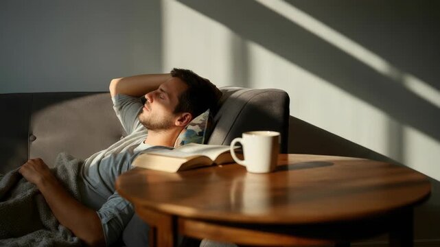 Man relaxing on couch, sunlight, white cup, open book