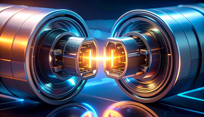 Electrifying Connection: Futuristic view of energy transfer, with two industrial components poised to connect, the focal point is a surge of luminous energy bridging the gap.