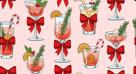 Festive Holiday Cocktails with Red Bows, A Christmas Pattern