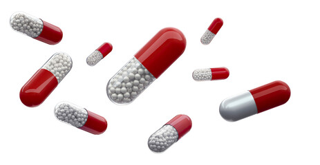 Falling red and white pharmaceutical capsules with micro-pellets. Modern medicine and controlled-release drug delivery system. Advanced antibiotics, vitamins, or timed-release medication 3D PNG image 