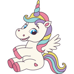 Charming Cartoon Unicorn Sitting With Rainbow Mane and Tail Featuring Small Wings and Pastel Colors on a Transparent Background