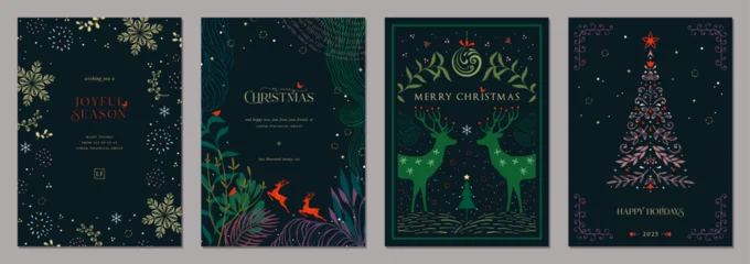 Selbstklebende Fototapeten Sportgeschäft Winter Wonderland Holiday cards. Christmas templates with decorative Christmas Tree, reindeers, birds, snowflakes, ornate hand drawn frames with copy space and greetings.  © KatyaKatya